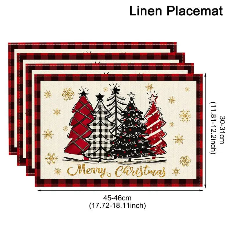 Linen Christmas Tree Placemats – Holiday Rectangle Table Mats for Kitchen & Dining, Navidad Noel