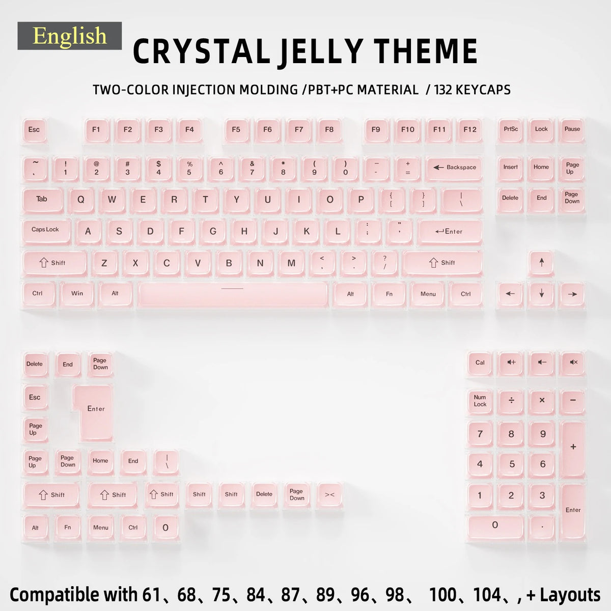 Crystal Jelly Keycap Set — Korean & English Side/Front Printed for Mechanical Keyboards | Pink, White & Blue — Fits 60%, 75%, 80%, 100% and Common Layouts