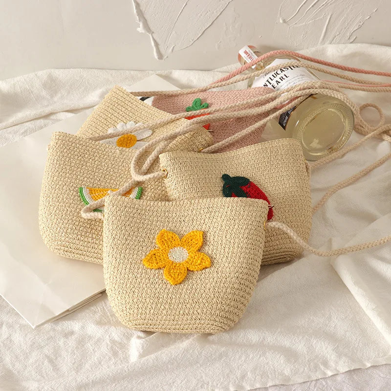 Girls Straw Woven Messenger Bag Cute Mini Shoulder Purse Kids Small Handbag