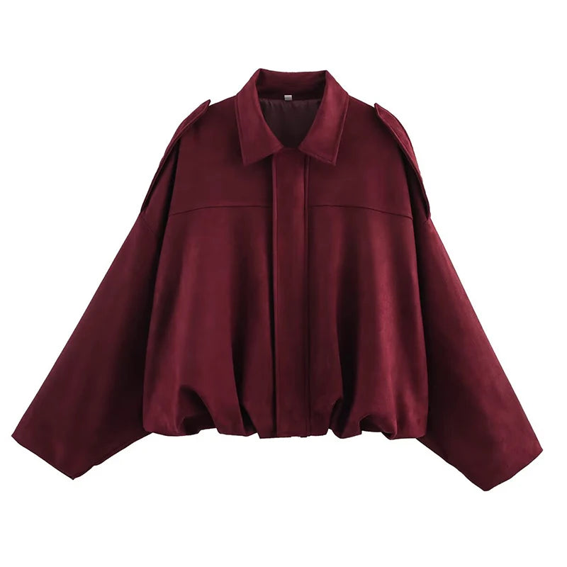 Women's Vintage Bomber Jacket Turn-Down Collar Long Sleeve Loose Fit Outerwear