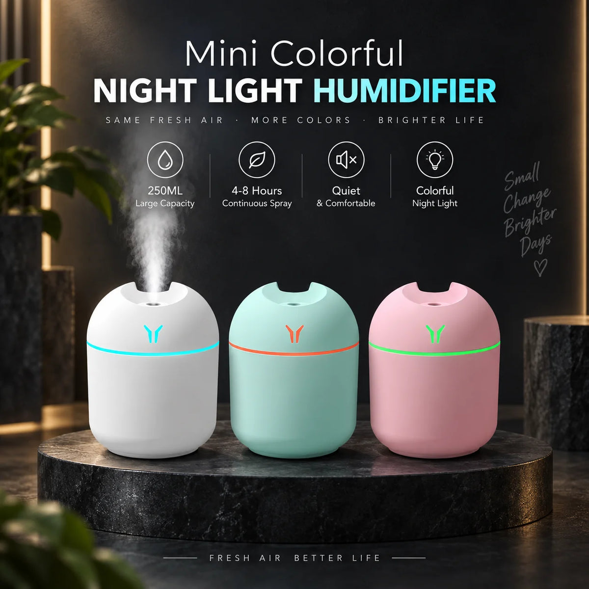 250ml Mini USB Humidifier Aromatherapy Diffuser - Cool Mist, RGB LED Night Light, Quiet for Home Car Office