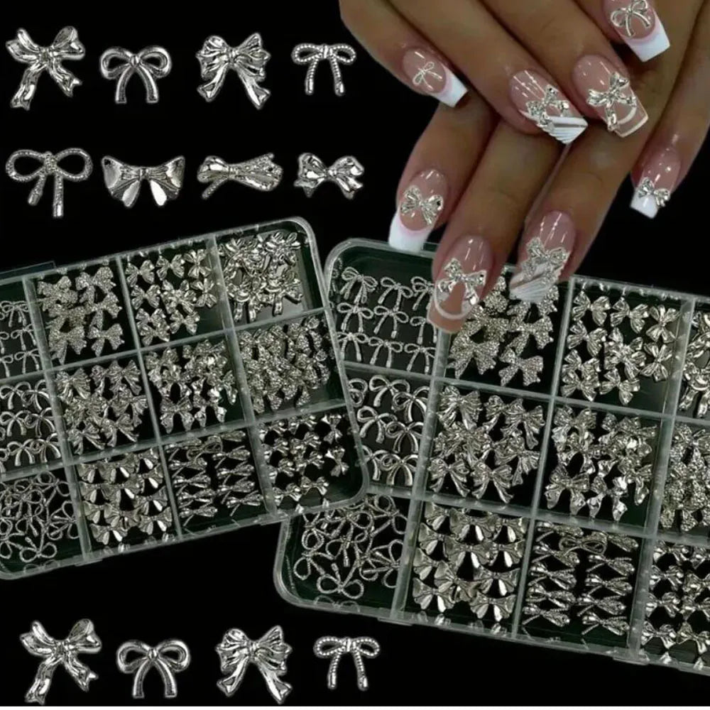 120-Pack Silver 3D Bowknot Nail Charms