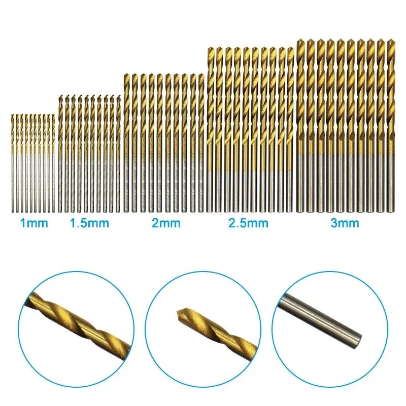 100-Piece Twist Drill Bit Set 1–3mm (0.04–0.12 in) Titanium Plated + Natural Finish for Wood & Metal, Handheld & Electric Drills