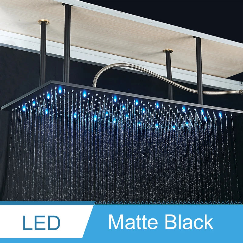 Big Black Thermostatic Ceiling-Mounted Rainfall Shower System with Hand Shower – Thermostatic Mixer Tap, 150 cm (59 in) Hose, 400+ mm (15.7+ in) Rain Head