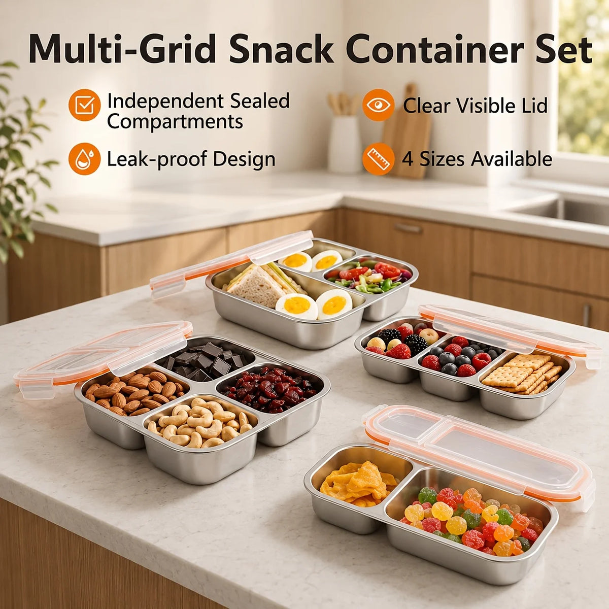 2/3/4-Compartment Stainless Steel Divided Lunch Box with Lid - Reusable Snack Container for School Office Camping Travel