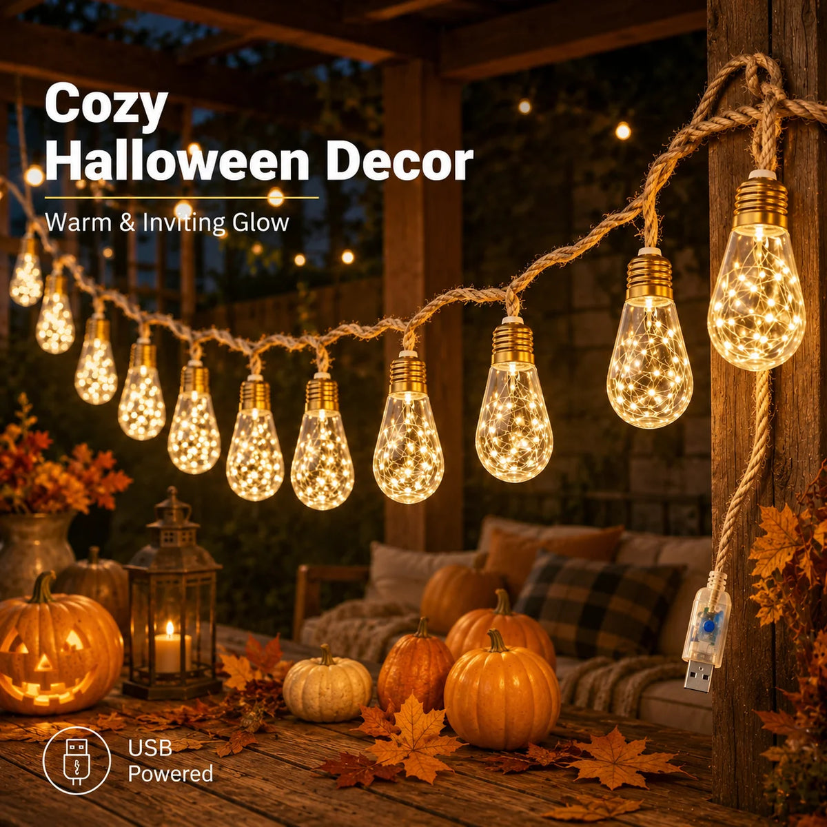 USB Hemp Rope Edison String Lights – Warm White 8/16/24 LED, 4m/6m/8m (13.1/19.7/26.2 ft), 8 Modes – Patio Porch Wedding Garden Decor