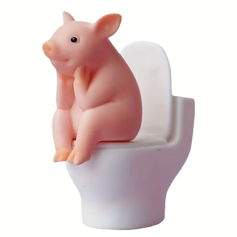 Resin Pig Figurine on Toilet - Quirky Desk, Shelf & Wall Decor for Home Office