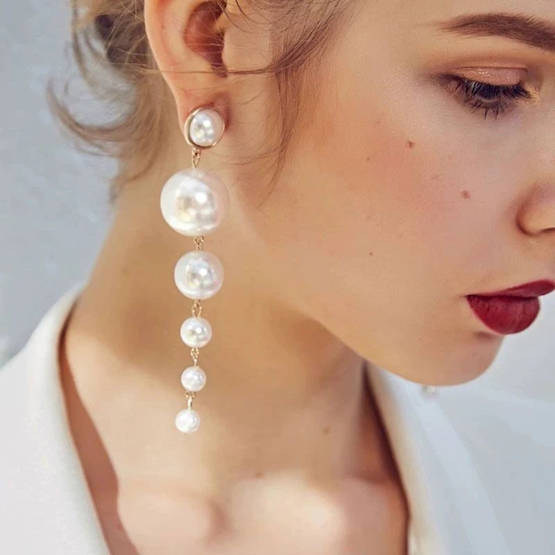 Simulated Pearl Bean Drop Earrings – Long Dangle Gold & Silver Earrings for Women