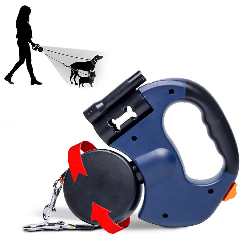 Retractable Dual Dog Leash with LED Flashlight - 10 ft (3.05 m) Extendable Two-Lead Leash