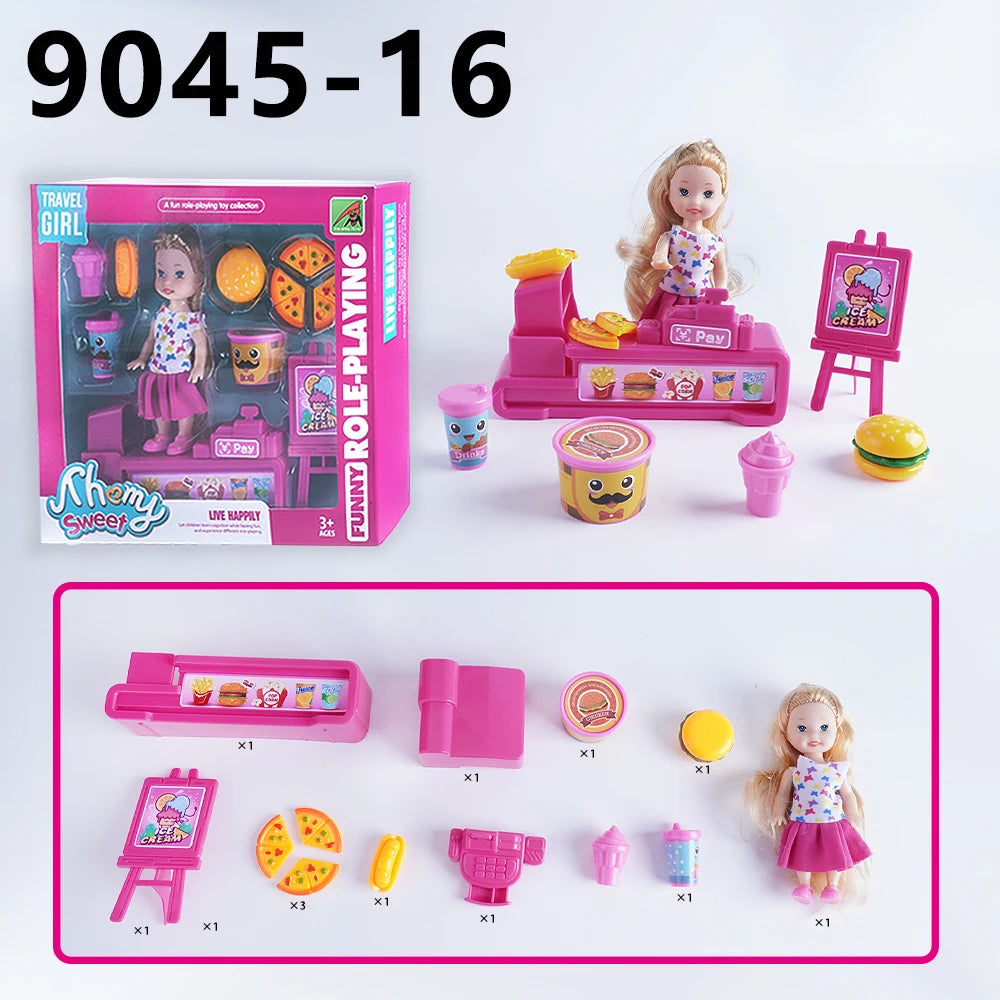 Mini Fashion Doll Playset for Kids with Pet Dog & Convertible Car — Dollhouse Kitchen & Seaside Restaurant Accessories