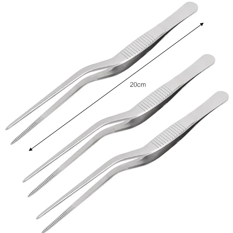 Stainless Steel Kitchen Tweezers & BBQ Tongs, Portable Food Clips — 1 or 3-Pack (14/16/20 cm | 5.5/6.3/7.9 in)