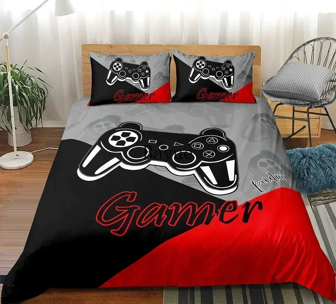Gamer Bedding Set 3-Piece Duvet Cover & 2 Pillowcases – Video Game Controller Design for Kids & Teens