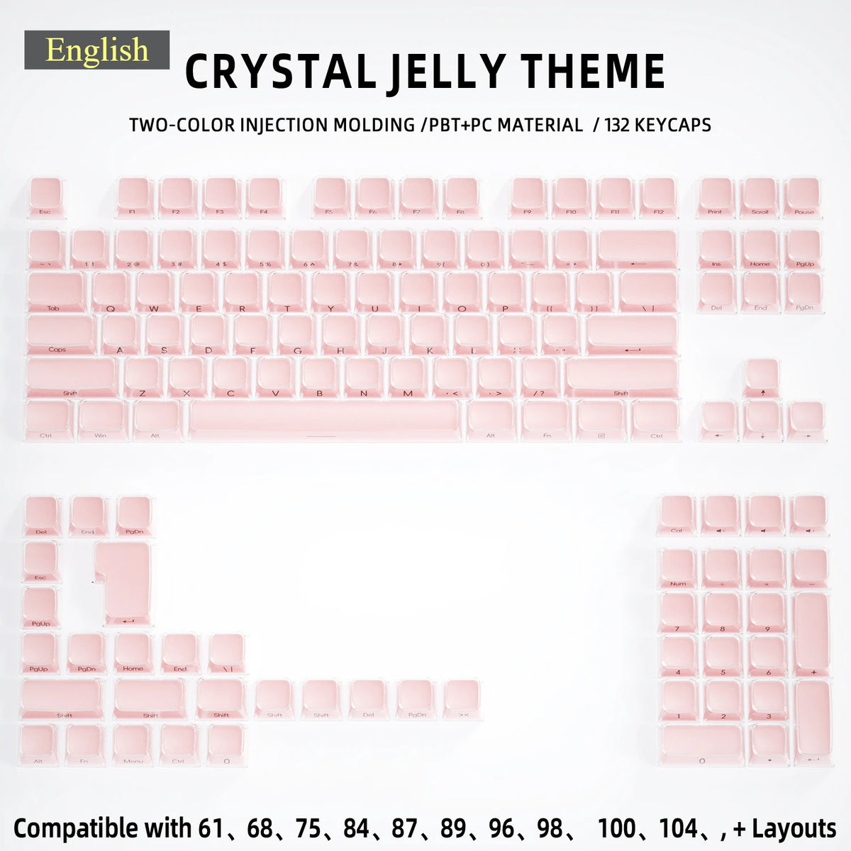 Crystal Jelly Keycap Set — Korean & English Side/Front Printed for Mechanical Keyboards | Pink, White & Blue — Fits 60%, 75%, 80%, 100% and Common Layouts