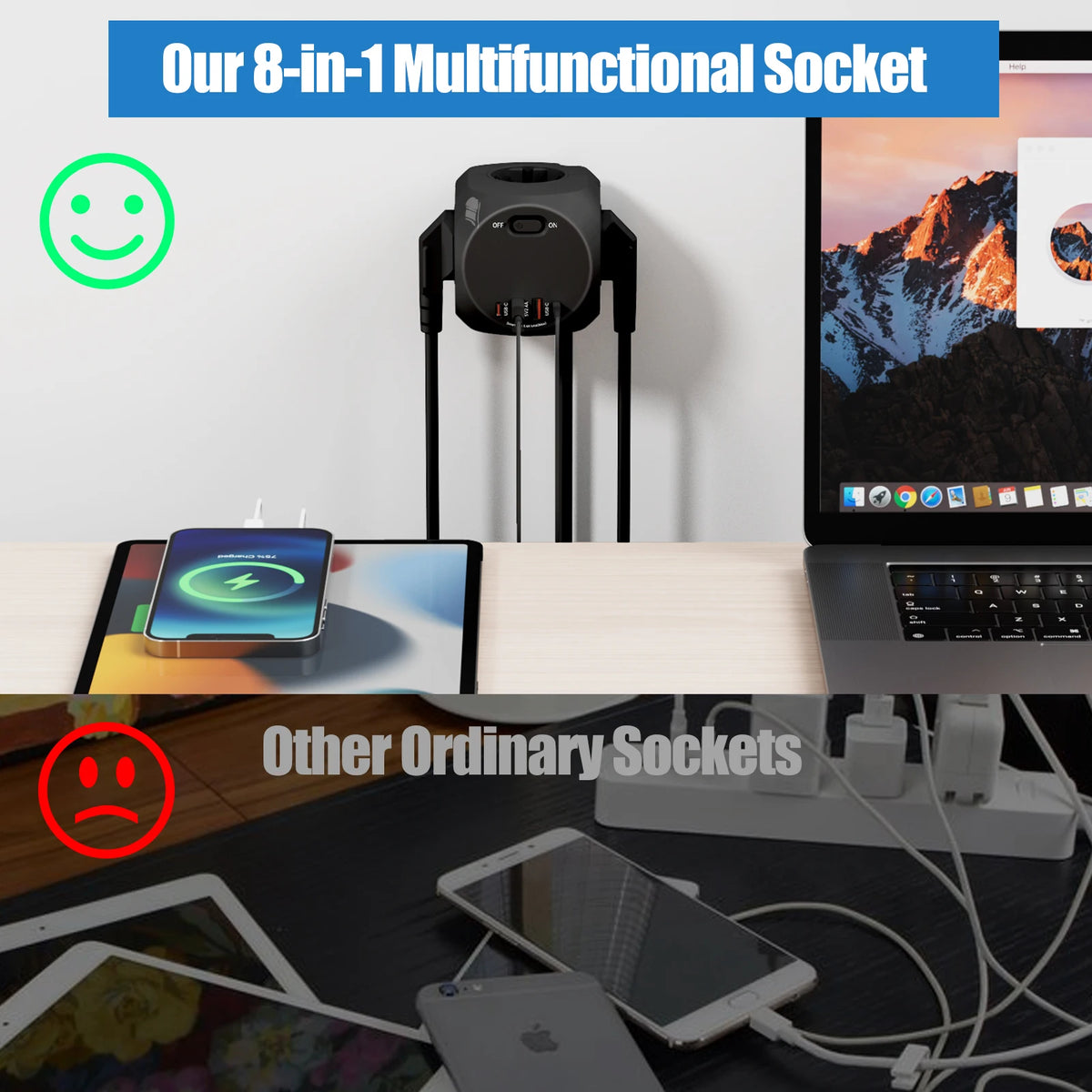 EU Wall Socket Power Hub – 4 AC Outlets + 4 USB (2 USB-C) Smart Fast Charging Compact Travel Plug