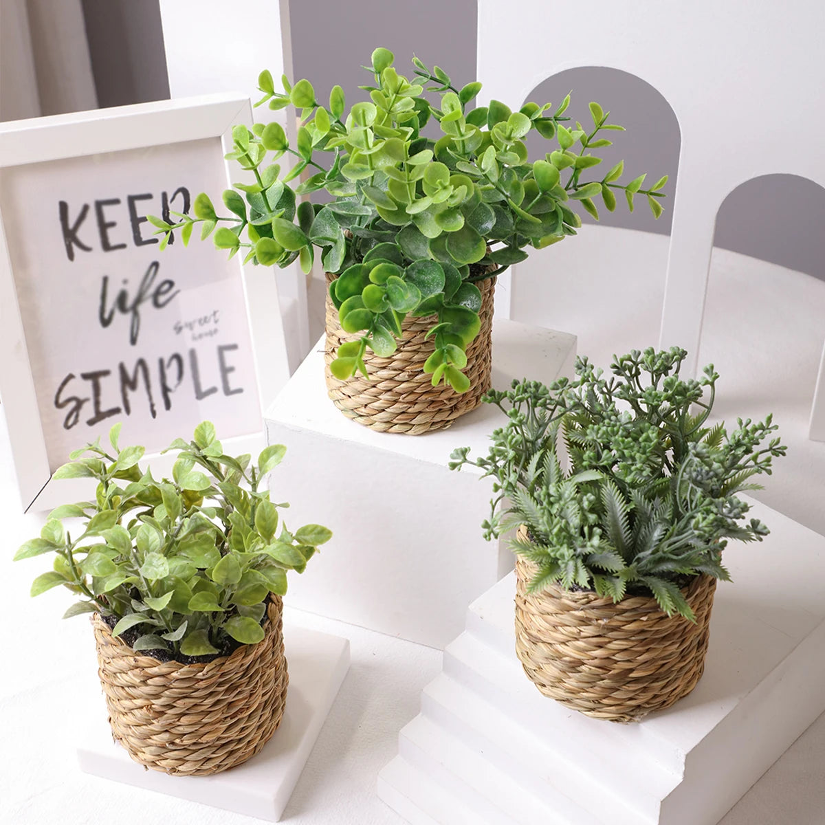 Artificial Eucalyptus Potted Plant 17 cm (6.7 in) Faux Fern Grass Tuft – Small Desktop Home Decor