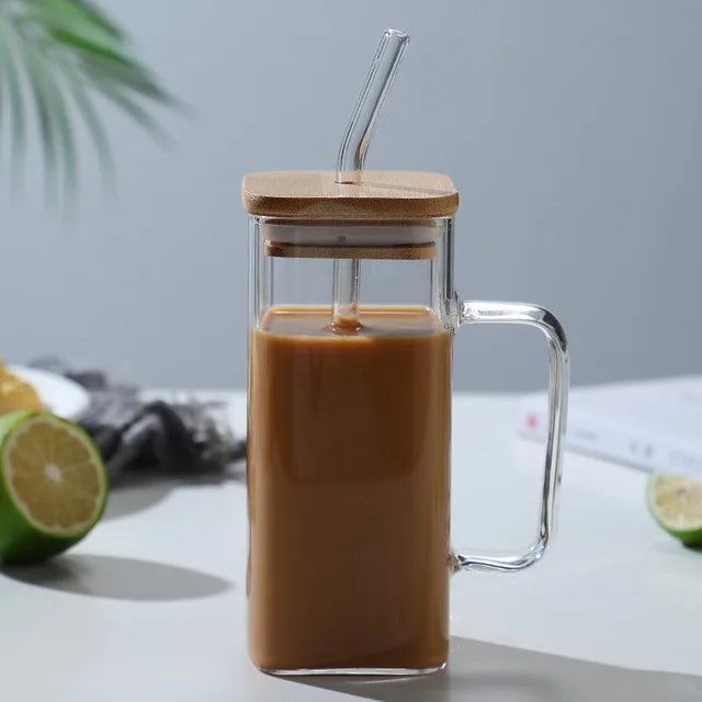 400ml (13.5 oz) Square Glass Mug with Lid and Straw — Microwave Safe Coffee, Milk & Party Drinkware