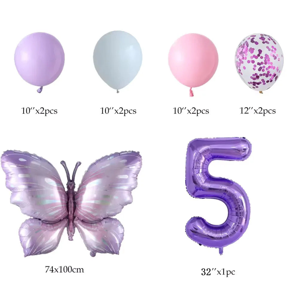 10-Pack Purple Butterfly & Number Foil Balloon Set 32-inch (81 cm) Party Decorations for Baby Shower, Birthday, Wedding, Christmas