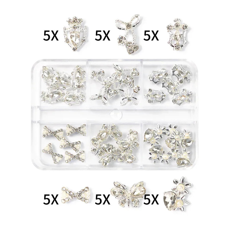 6-Grid Nail Rhinestone Kit – Saturn, Planet & Cross Crystal Nail Charms for Nail Art