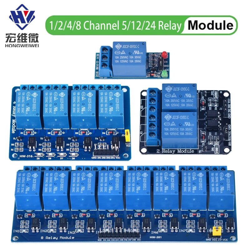 1/2/4/6/8-Channel DC Relay Module Board Shield with Optocoupler — 5V/12V/24V High & Low Level Trigger for Arduino Raspberry Pi