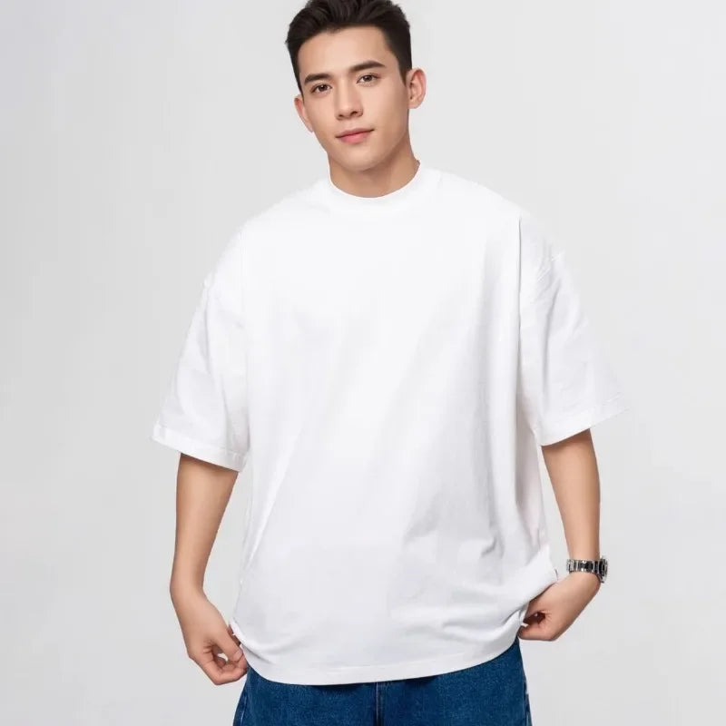 Men's Heavyweight Cotton T-Shirt 425g Breathable Half Sleeve Round Neck Basic Summer Tee