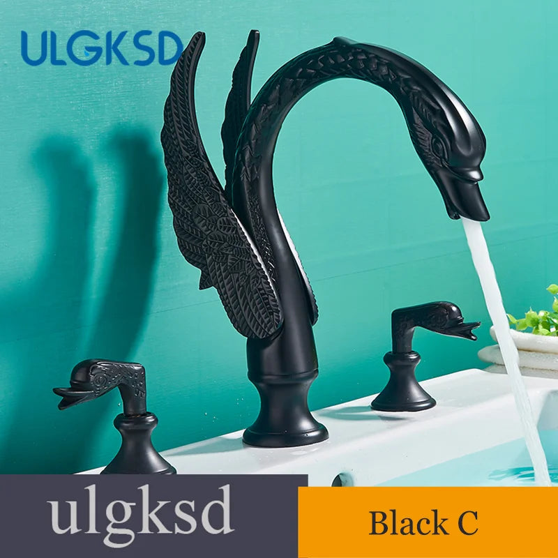 Golden Swan-Shaped Bathroom Faucet 3-Piece Basin & Tub Mixer with Dual Crystal Handles, Hot & Cold