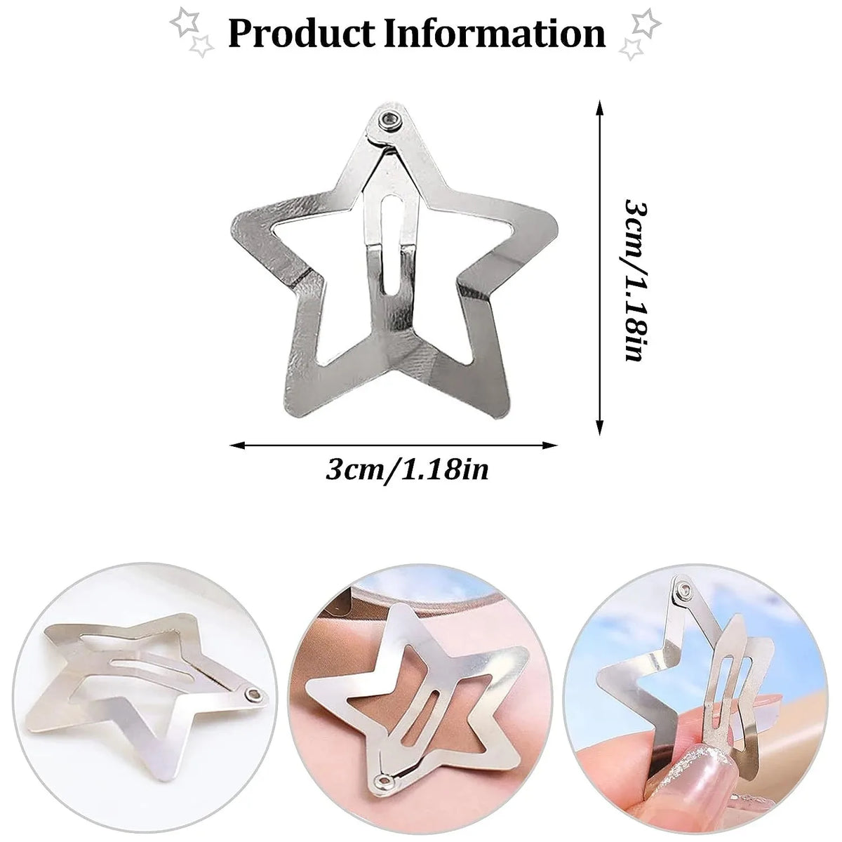 Y2K Silver Star Snap Hair Clips - Metal Barrettes & Hairpins, 10/25/50/100/200-Pack