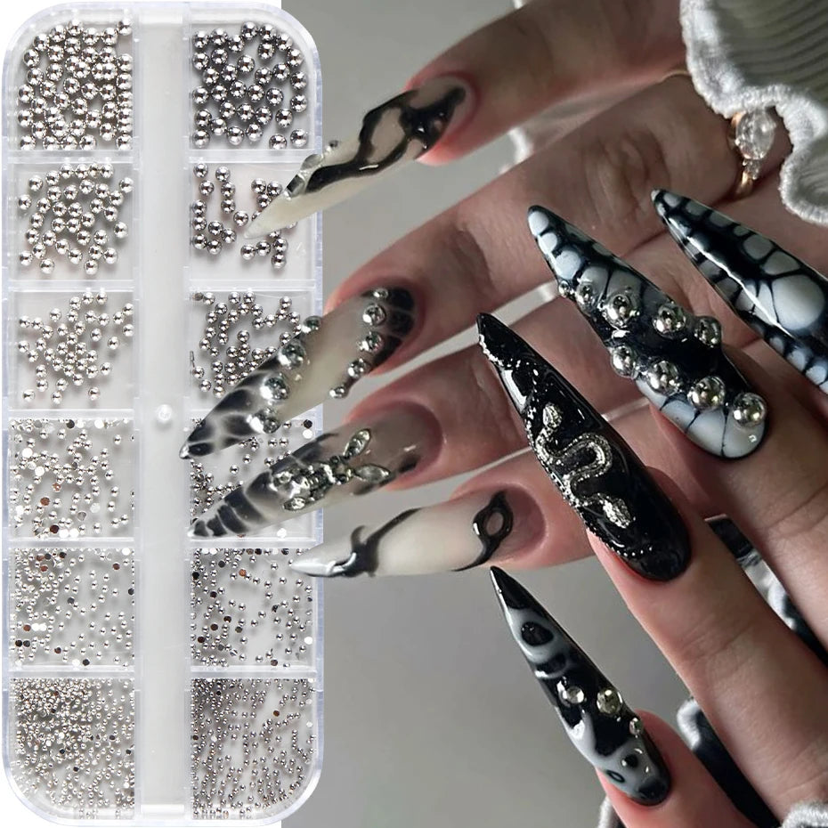 12-Grid Silver Gothic Punk Nail Charms - Metal Rivet Studs for DIY Nail Art Y2K Grunge