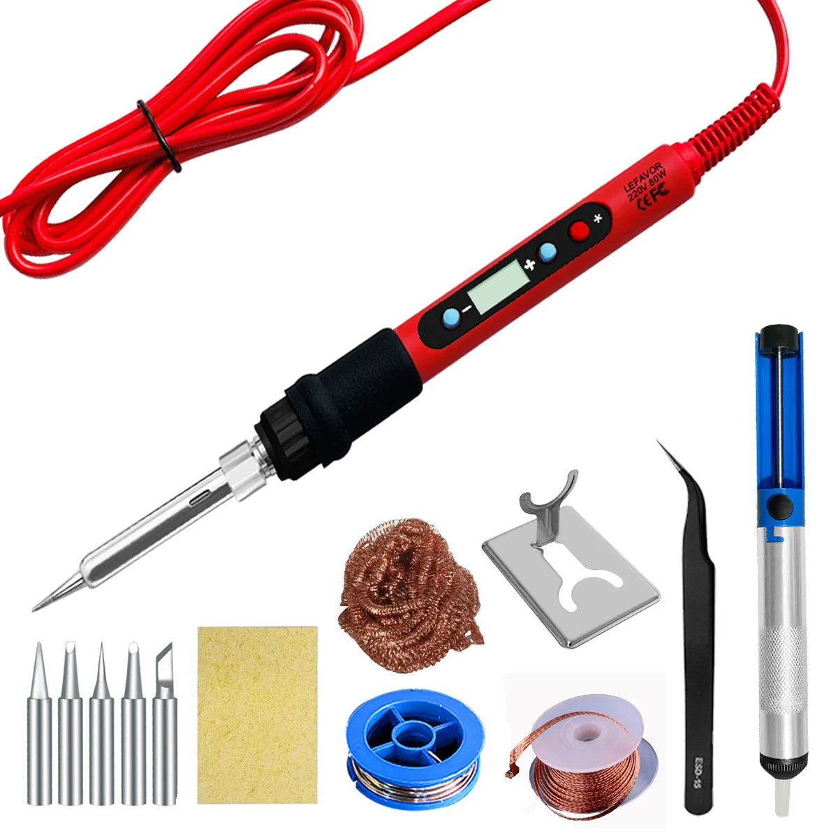 80W Adjustable Temperature Soldering Iron Kit with LCD, Ceramic Heater, Soldering Tips, Tweezers & Solder Wire