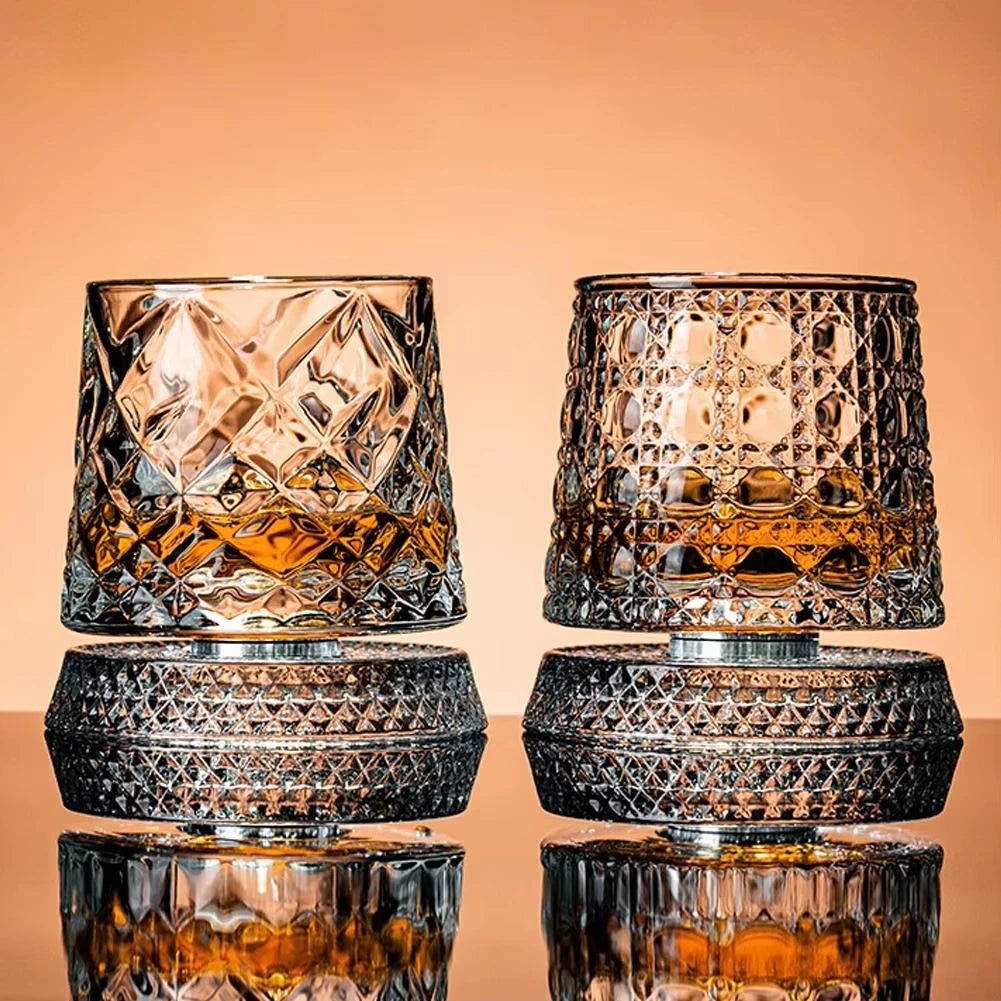 2-Pack 360° Rotating Whiskey Glasses with Glass Base – Crystal Cocktail & Rum Tumblers
