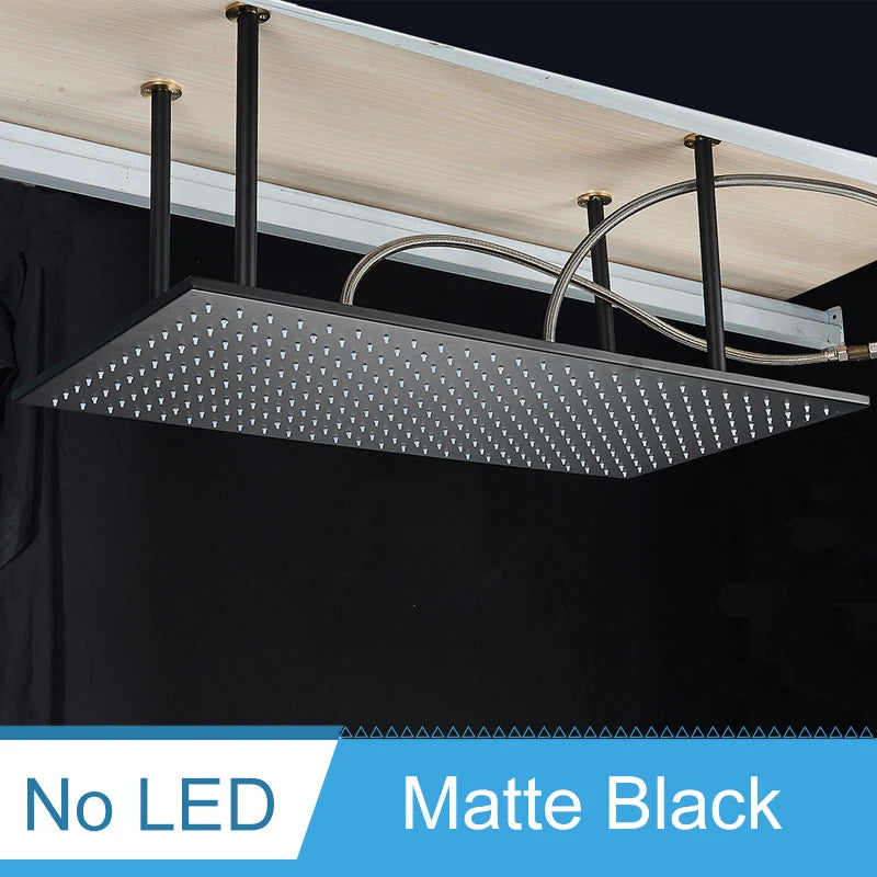 Big Black Thermostatic Ceiling-Mounted Rainfall Shower System with Hand Shower – Thermostatic Mixer Tap, 150 cm (59 in) Hose, 400+ mm (15.7+ in) Rain Head