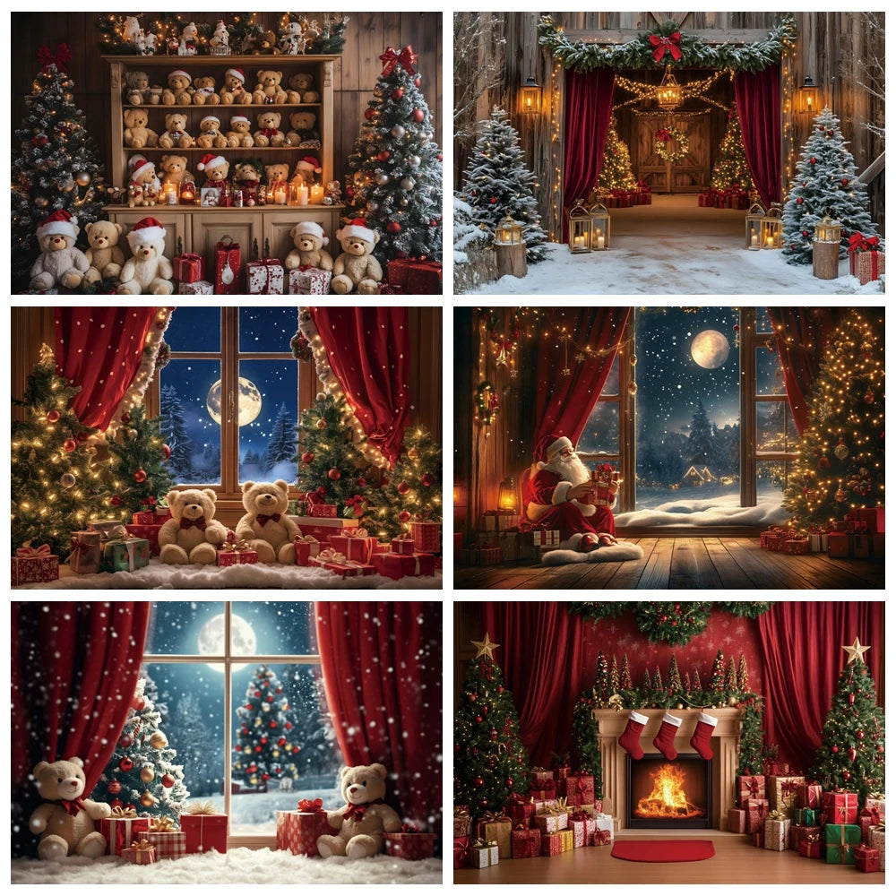 Christmas Photography Backdrop - Red Curtain & Window Scene with Snowy Bear and Gifts for Kids & Family Portraits