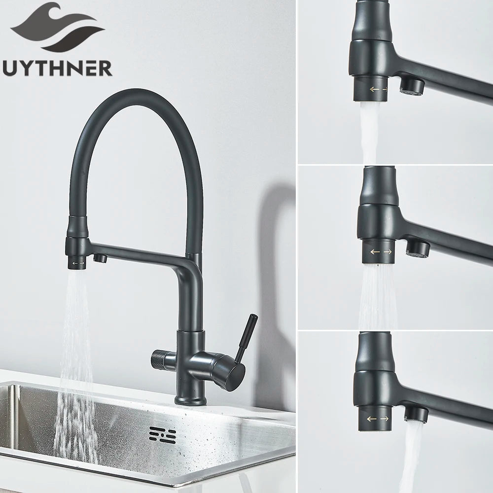 Brass Kitchen Water Filter Faucet Dual-Spout Mixer – 360° Swivel Filtered Drinking Tap, Hot & Cold