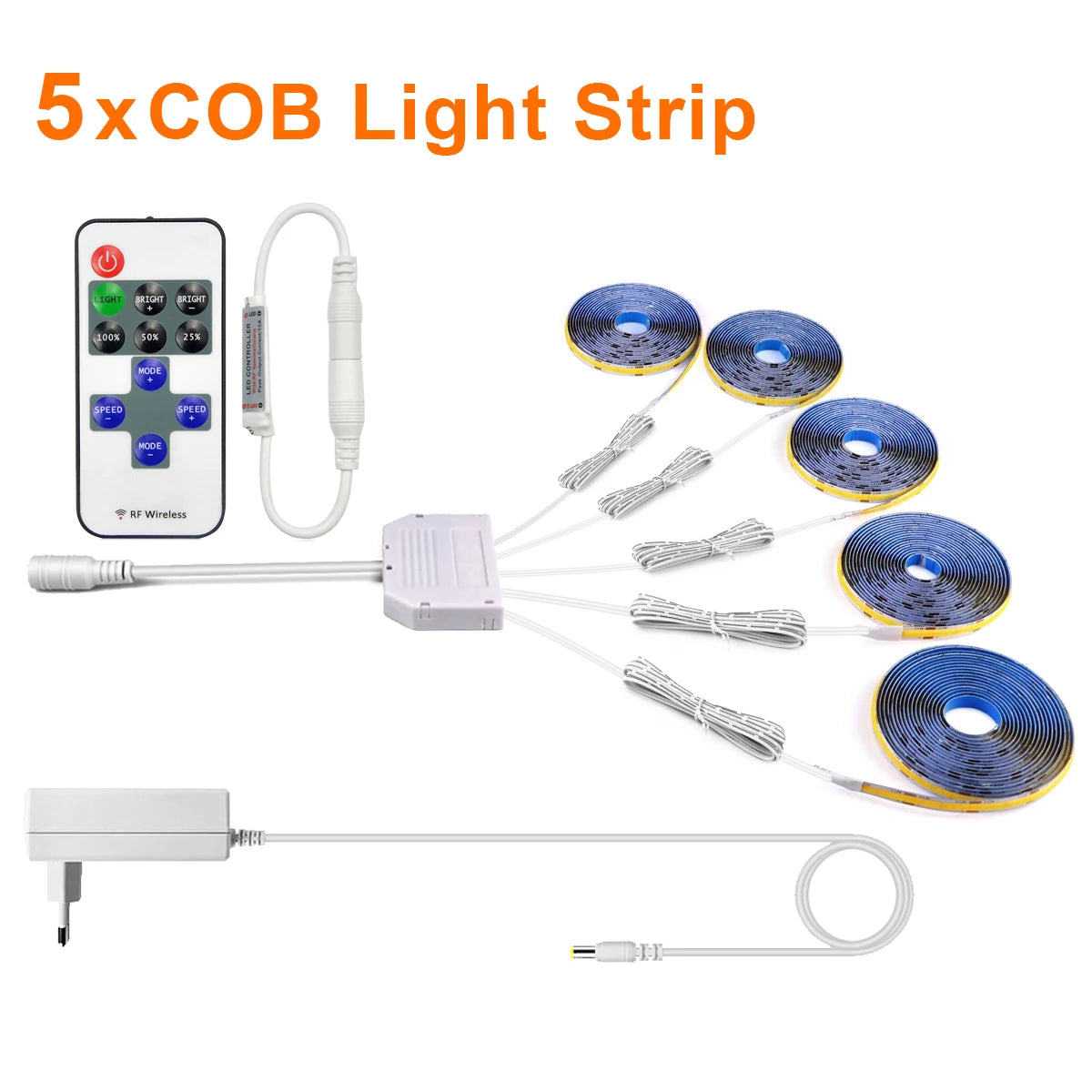 Dimmable COB LED Strip Light 12V DC (EU Plug) with RF Remote, Under-Cabinet & Cabinet Lighting