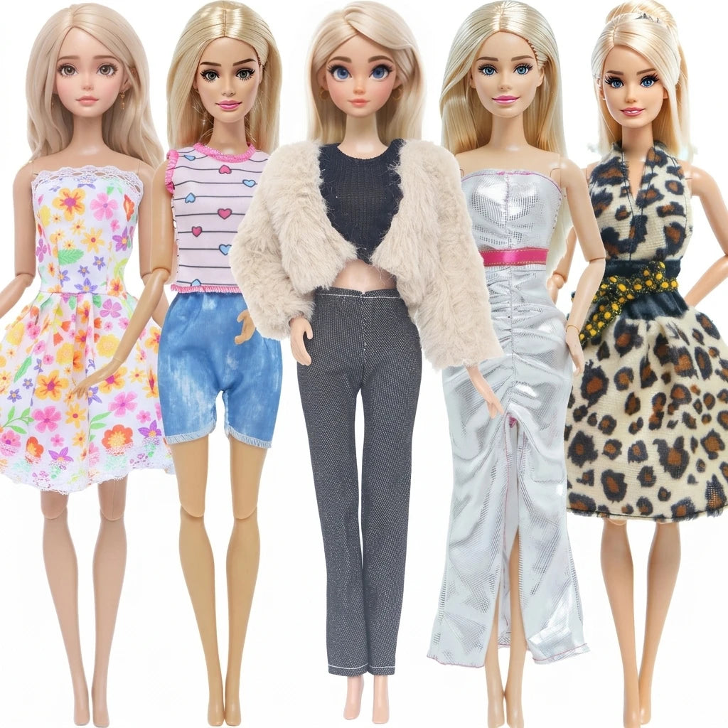 5-Pack Doll Clothes for 11.5–12 in (30 cm) 1/6 Scale Girl Dolls — Dresses, Skirts, Pants & Tops