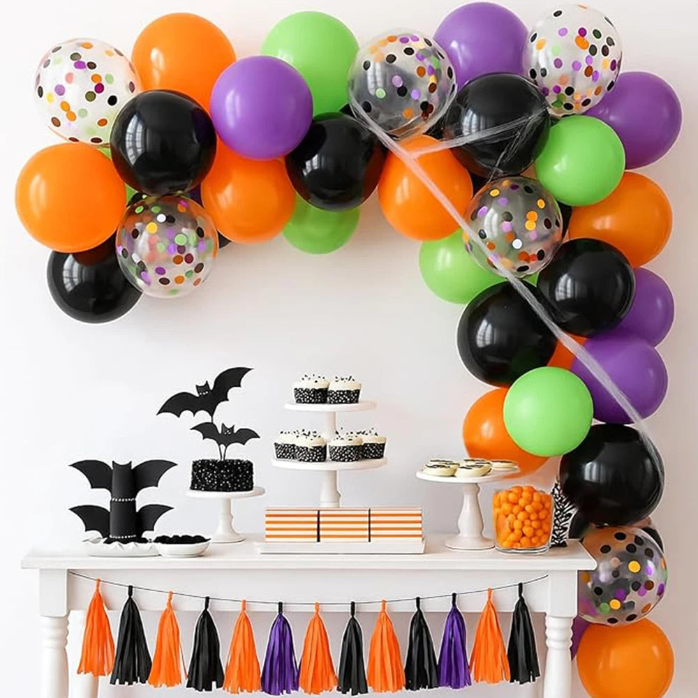 50-Pack Halloween Balloon Set – Matte Black, Orange & Purple with Metallic Confetti