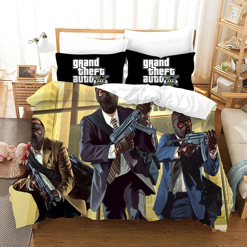 GTA V Cartoon 3-Piece Bedding Set — Printed Duvet Cover & 2 Pillowcases, Twin to King (68×86–104×90 in / 172×218–264×228 cm)