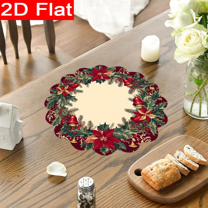 8-Pack Christmas Holiday Table Placemats 15 x 15 in (38 x 38 cm) Holly Leaf Magenta Bell Pattern