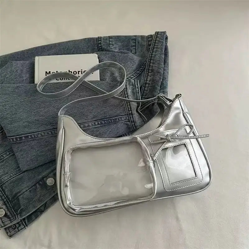 Harajuku Transparent Ita Shoulder Bag with Bow Accent – Korean Preppy School Crossbody Purse, Adjustable Strap