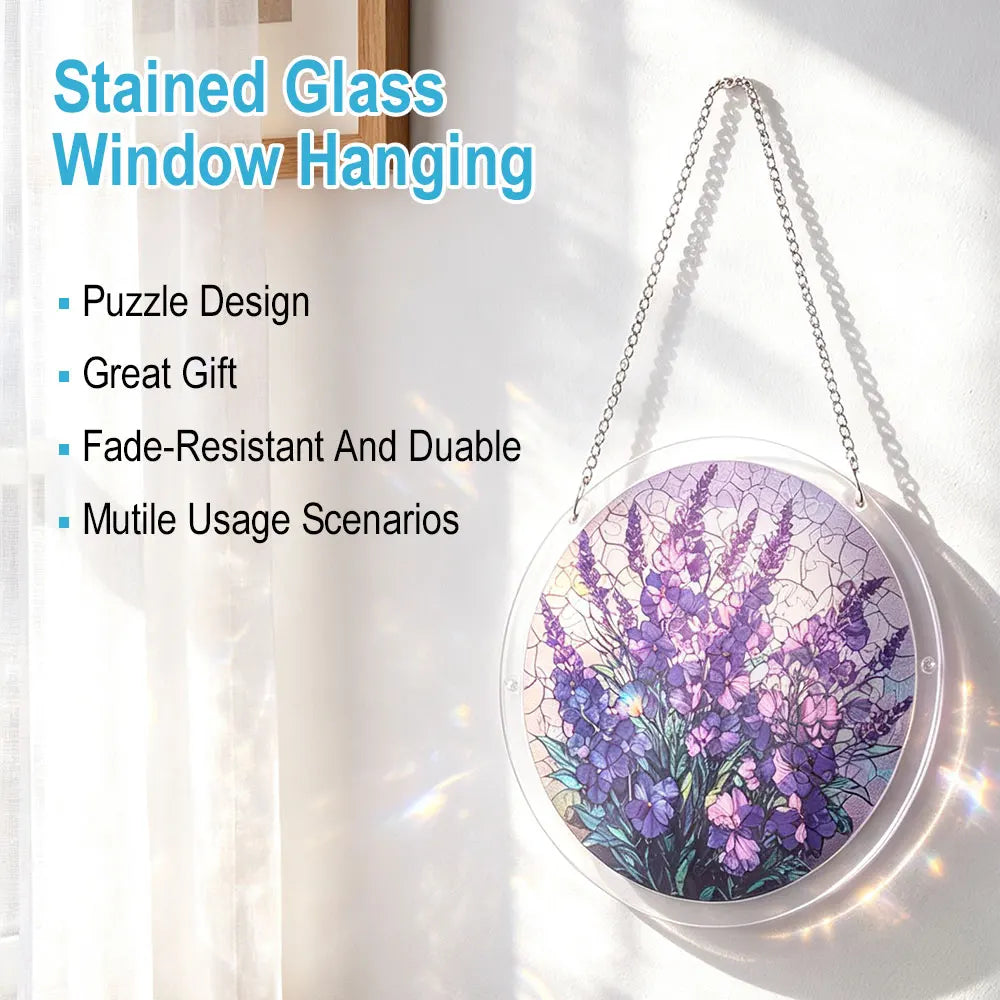 Lavender Acrylic Suncatcher Puzzle — 7.4 in (18.8 cm) Floral Window Hanging Sun Catcher, Home Decor & Gift
