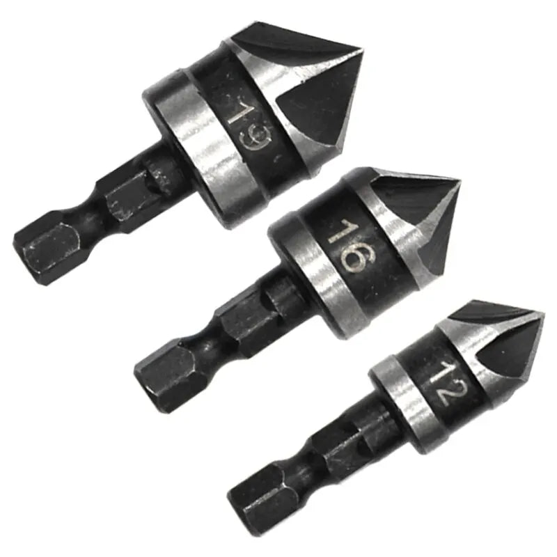 3-Piece 90° Five-Blade Countersink Bit Set - Hex Shank 12/16/19mm (1/4 in / 6.35mm) for Wood