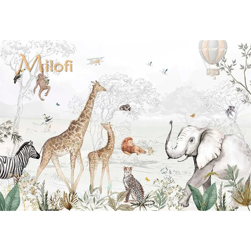 Custom Watercolor Jungle Animal Peel-and-Stick Wall Mural - Giraffe Elephant Zebra Nursery & Kids Wallpaper