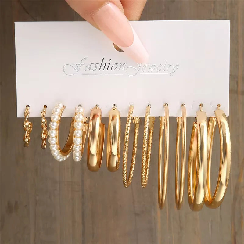 Geometric Hoop Earring Set for Women - Bohemian Pearl & Gold Drop Earrings, Vintage Punk Daily Wear Jewelry Gift