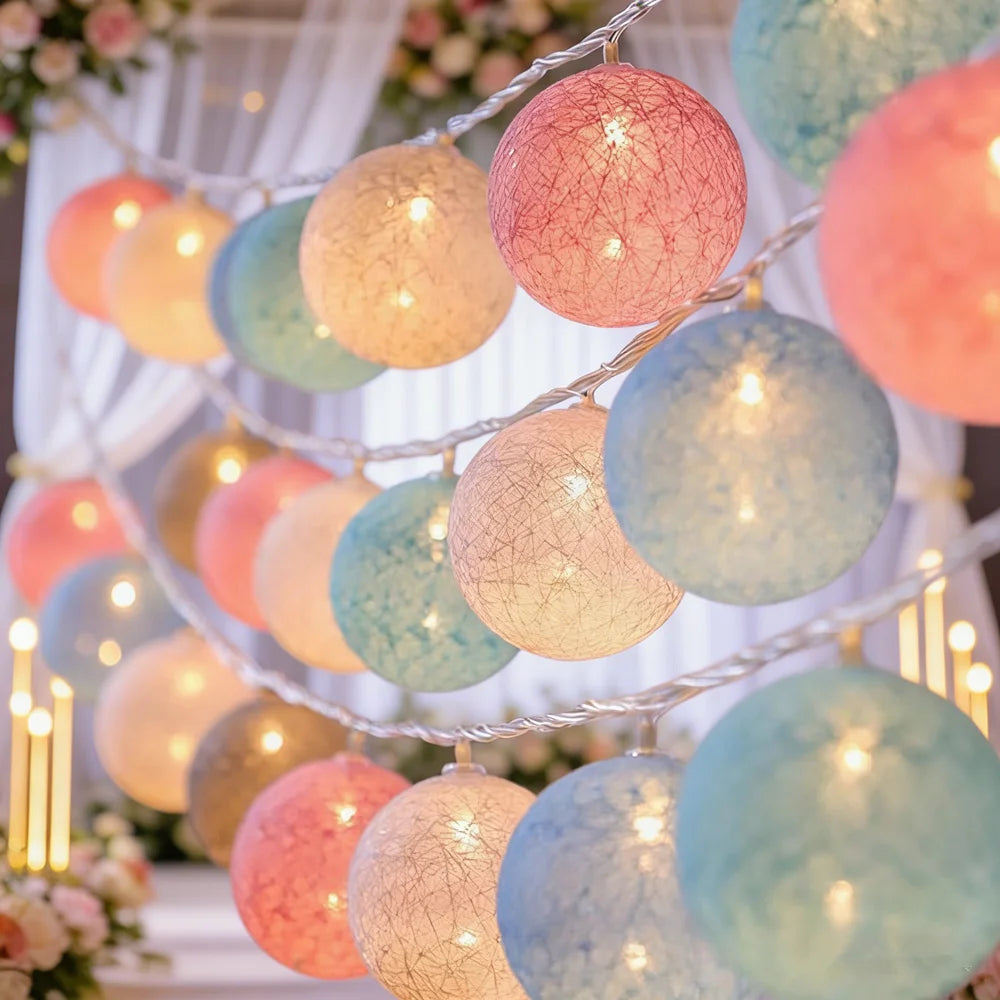 10/20 LED Cotton Ball String Lights - Fairy Garland for Wedding, Party, Garden & Patio (Indoor/Outdoor)