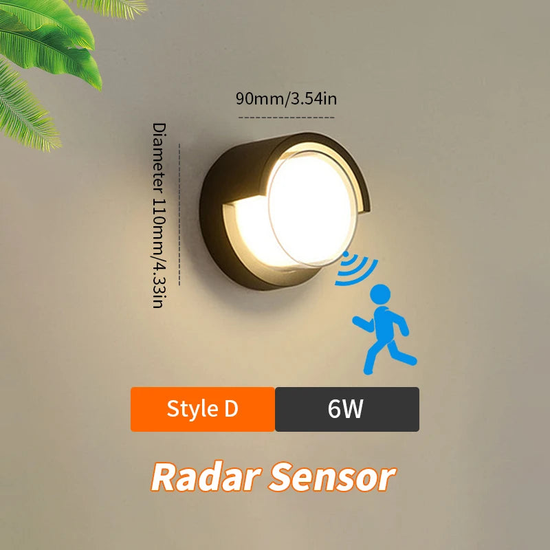 LED Wall Lamp with Radar Motion Sensor – 6W/12W AC85-265V, Warm & Cold White, IP66 Indoor/Outdoor