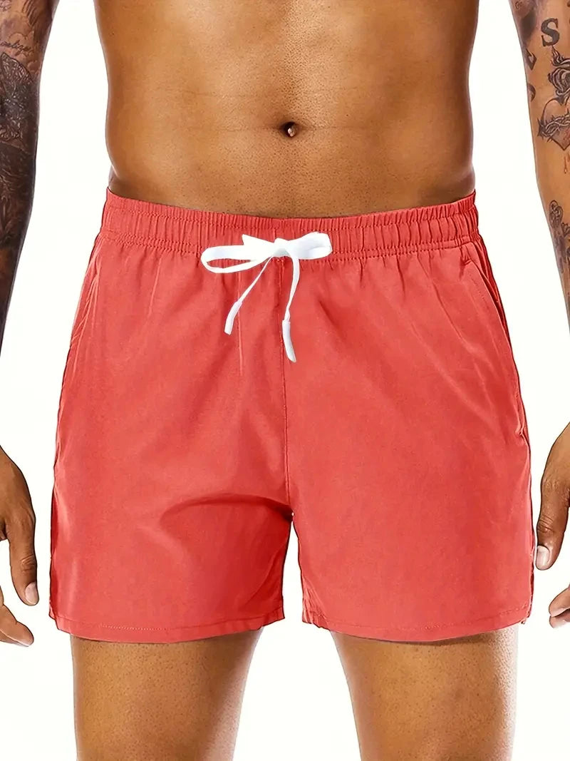 Men's Summer Beach Casual Comfortable Elastic-Waist Solid Color Sports Shorts with Double Pockets