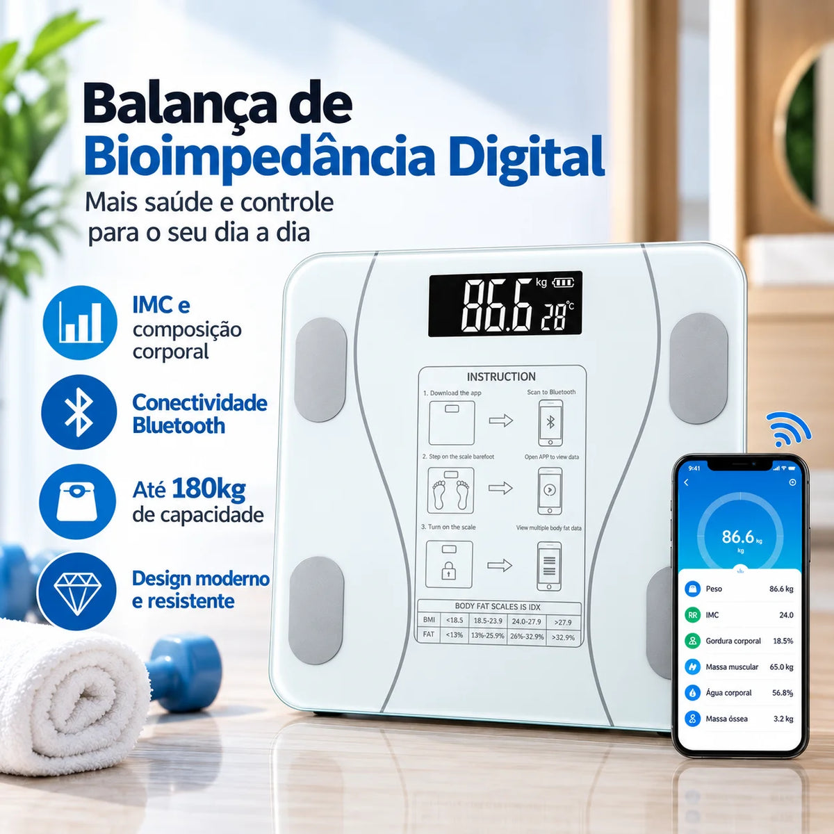 Smart Bluetooth Body Composition Scale Bioimpedance Body Fat & Weight Monitor 180 kg (397 lb)