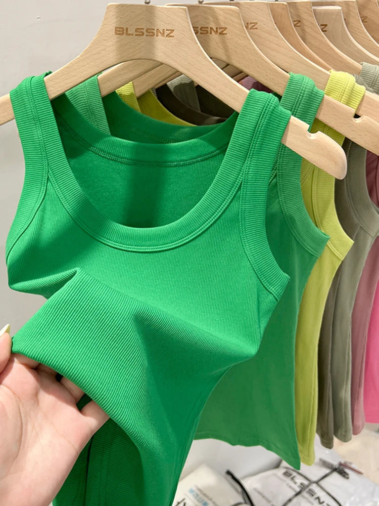 Women's Ribbed Round Neck Tank Top O-Neck Camisole Elastic Summer Basic Solid Tank
