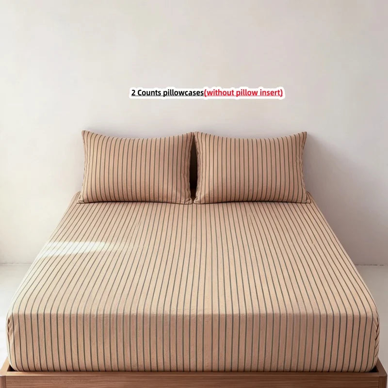 3-Piece Stripe Fitted Sheet Set – Elastic Anti-Slip Adjustable Fitted Mattress Cover with 2 Pillowcases