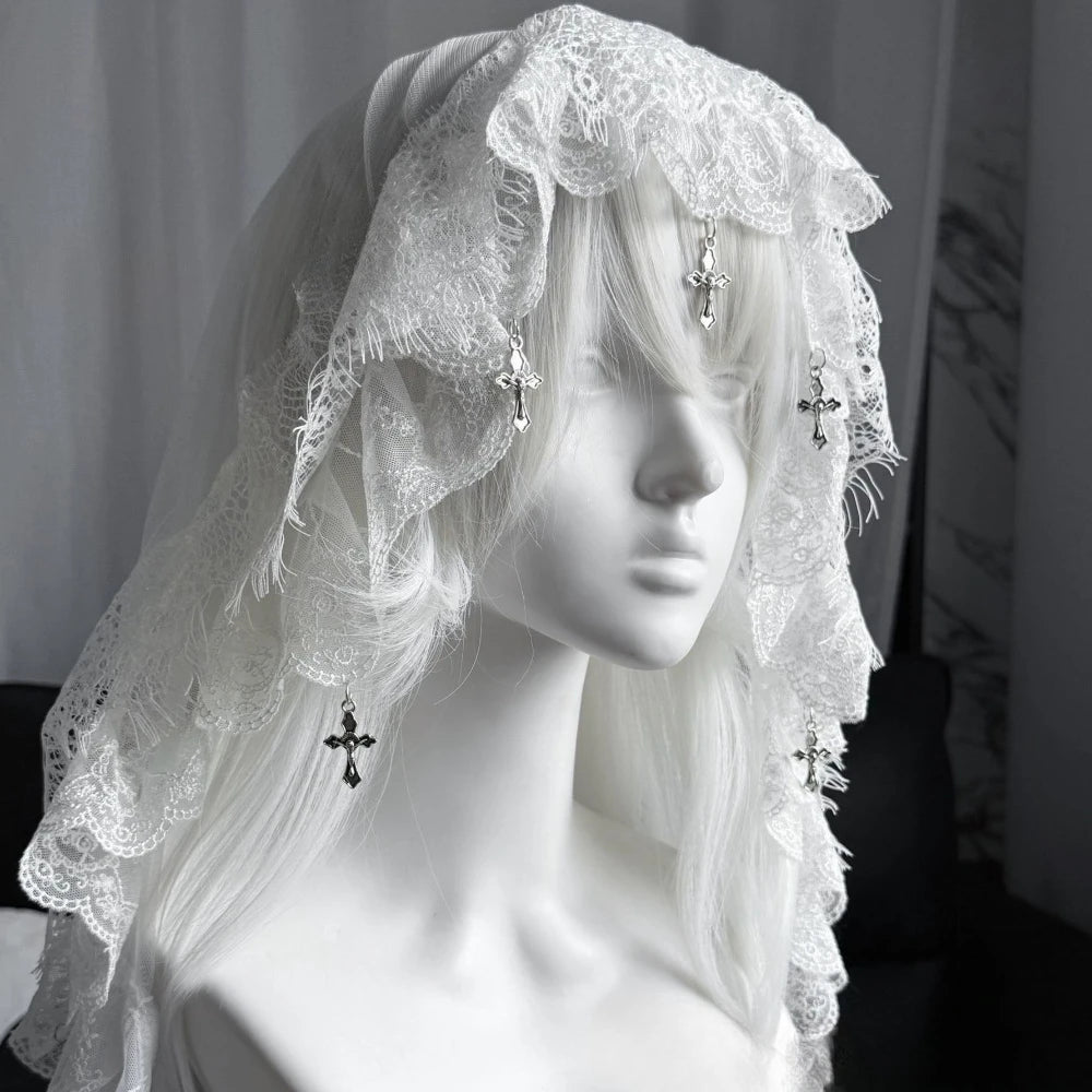 Y2K Gothic Lace Cross Bandana Headpiece Dark Lolita Tulle Head Cover for Halloween Cosplay
