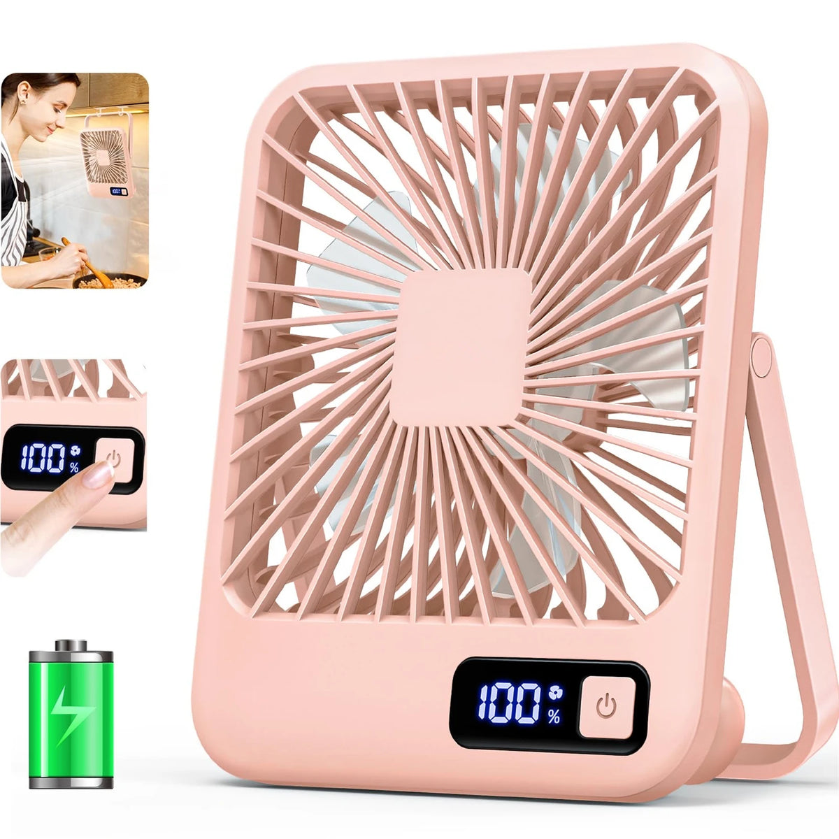 USB Rechargeable Portable Desk Fan — 180° Foldable Personal Table Fan, 5-Speed Quiet Fan with Battery Power Display